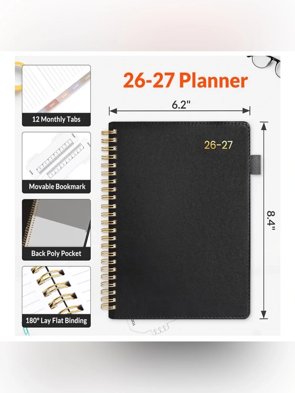 Sunee 2026-27 Weekly Planner Spiral Horizontal Layout Black NWT